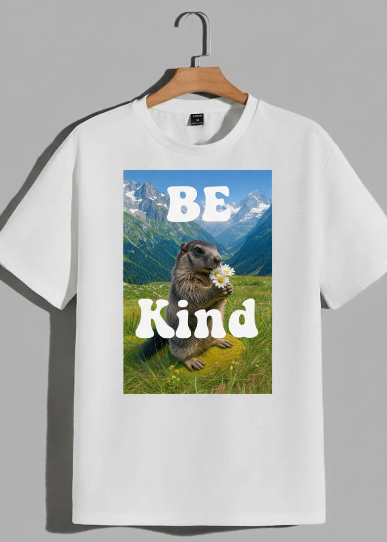 White t-shirt with a graphic of a marmot holding a flower and 'BE Kind' text, hanging on a wooden hanger against a gray background.