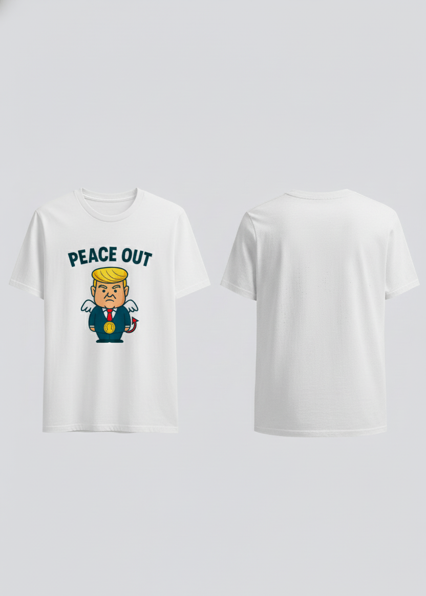 Version minimaliste : Version simplifiée du même personnage cartoon sous l’inscription “PEACE OUT”.