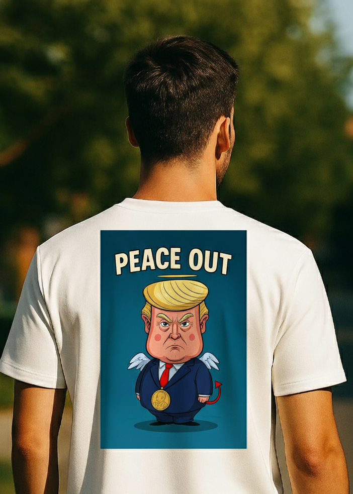 Visuel principal : Illustration cartoon d’un personnage blond en costume avec ailes et queue de diablotin, texte “PEACE OUT”.