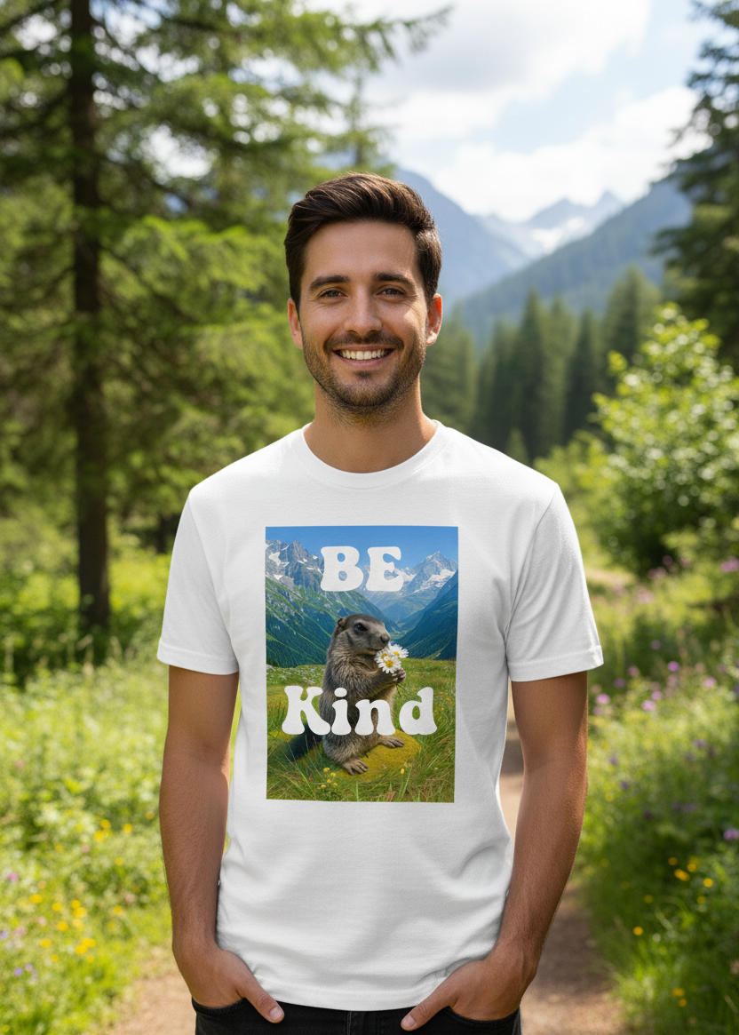 Man wearing a white t-shirt with a marmot graphic and 'BE Kind' text in a forest setting