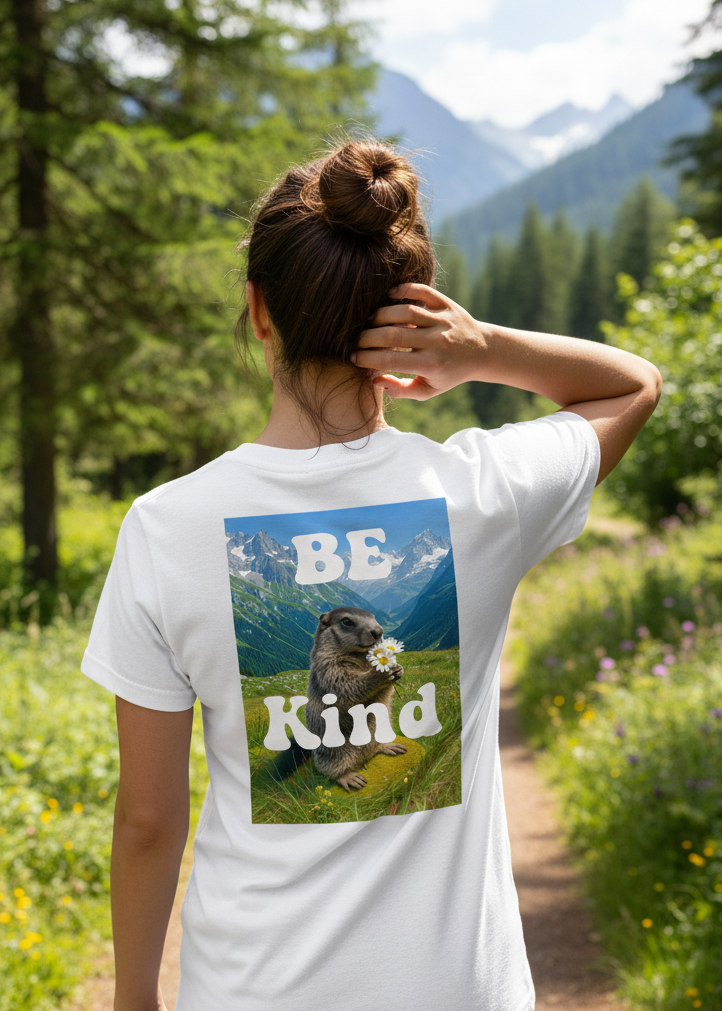 Person wearing a white t-shirt with 'BE Kind' graphic in a natural setting