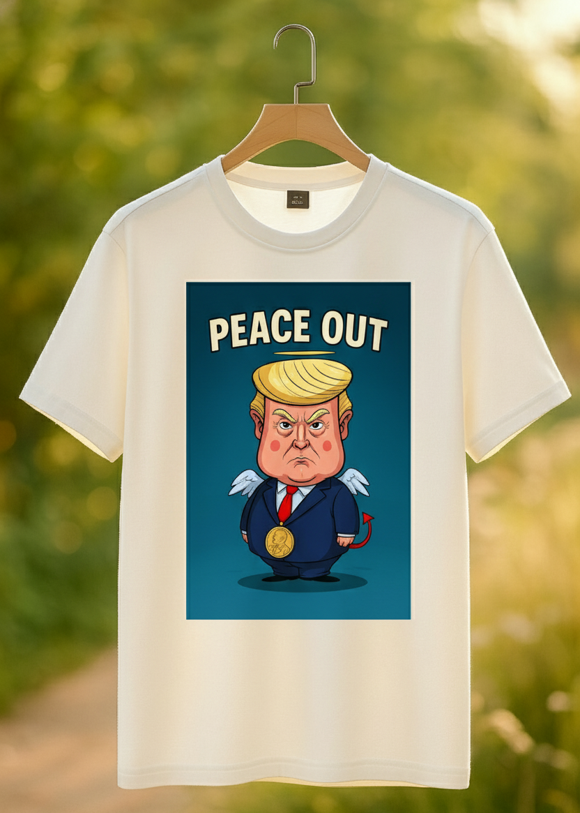 Visuel principal : Illustration cartoon d’un personnage blond en costume avec ailes et queue de diablotin, texte “PEACE OUT”.