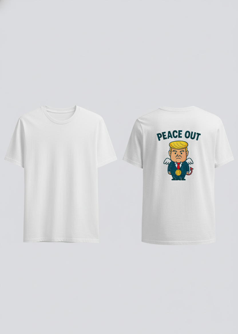 Version minimaliste : Version simplifiée du même personnage cartoon sous l’inscription “PEACE OUT”.