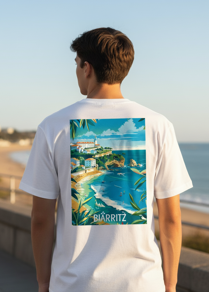 Person wearing a white t-shirt with a scenic design of Biarritz on the back, standing by the ocean.