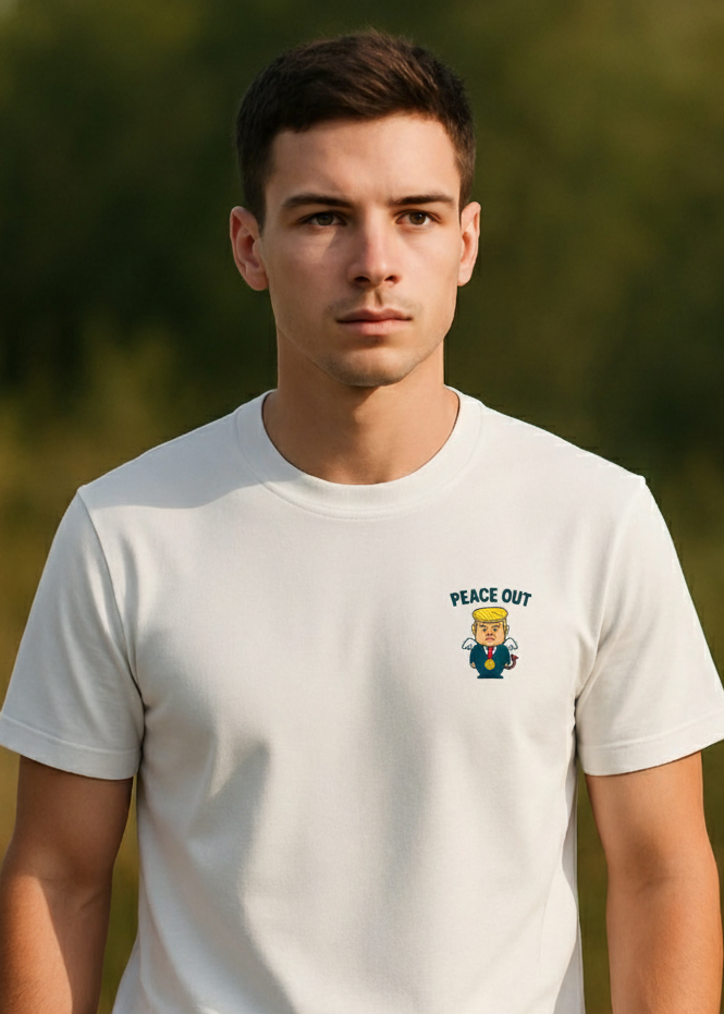 Version minimaliste : Version simplifiée du même personnage cartoon sous l’inscription “PEACE OUT”.